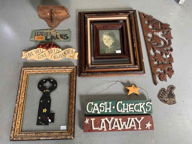 lot 86 image: Carved Walnut Piece, Frames, Signs, Key Holder, Etc.
