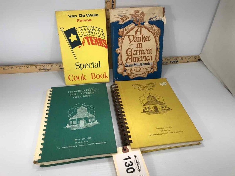 lot 130 image: (2) Fredericksburg Home Kitchen Cook Books (12th Edition, 9th Edition).  (1) A Yankee in German America, Texas Hill Country.  (1) Van De Walle Farms Taste of Texas Special Cook Book