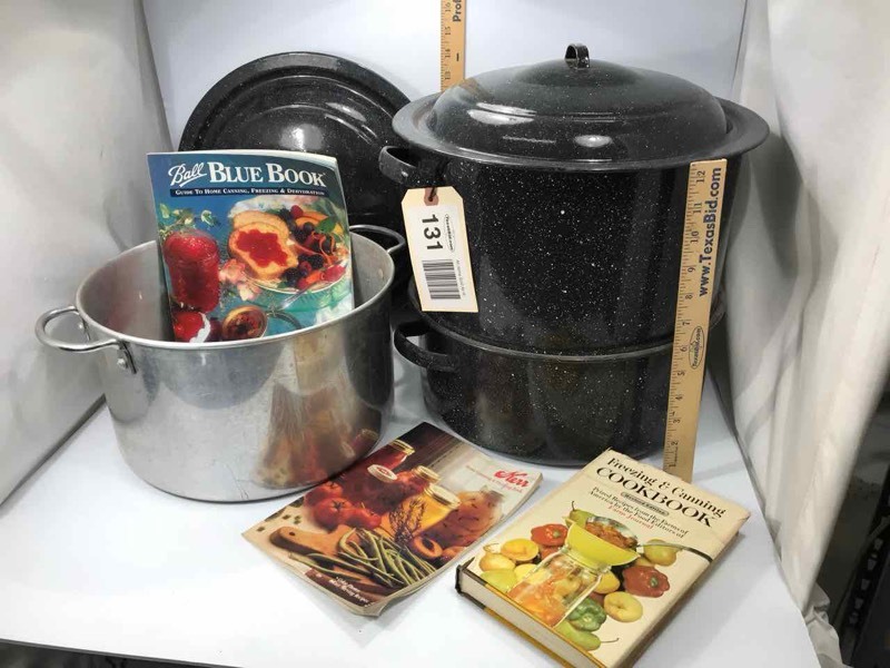 lot 131 image: Enamel Canning Pot, (2) Enamel Lids, (1) Aluminum Pot, Canning Cookbooks