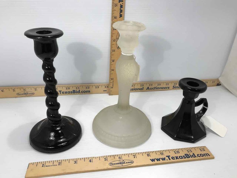 lot 77 image: (3) Vintage Glass Candle Sticks