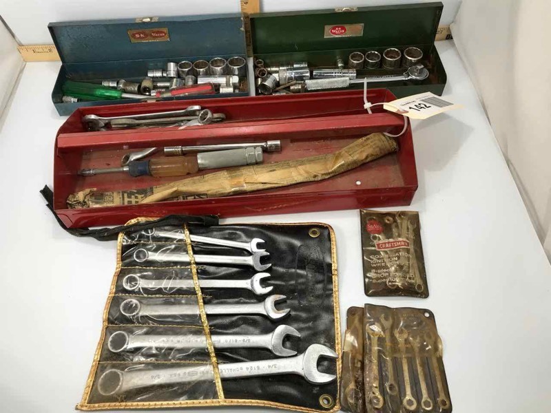 lot 142 image: Red Tool Tote, Wrenches, Sockets, etc.