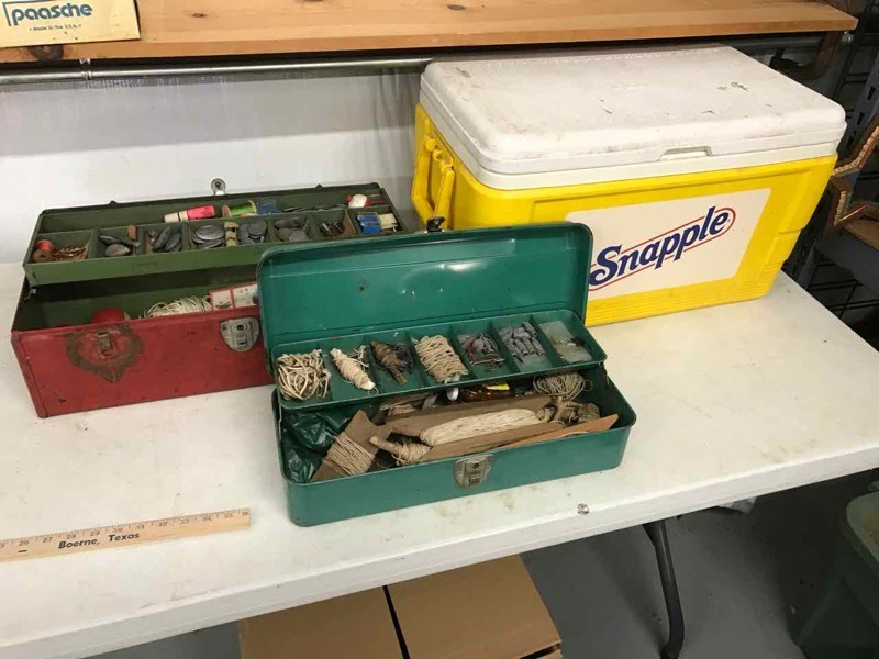lot 263 image: (2) Tackle Boxes Trout Line Weights, (1) Yellow Igloo Cooler