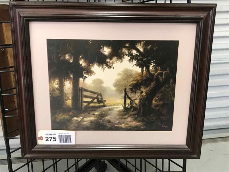lot 275 image: Framed Print Dalhart Windberg, Ranch Gate & Oak Trees