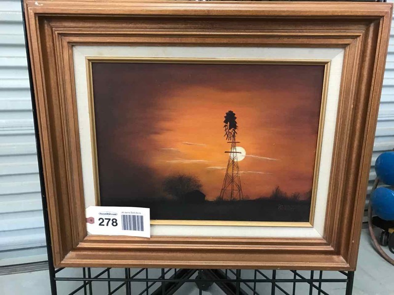lot 278 image: Original Painting by Rena Reeves, Windmill at Sunset