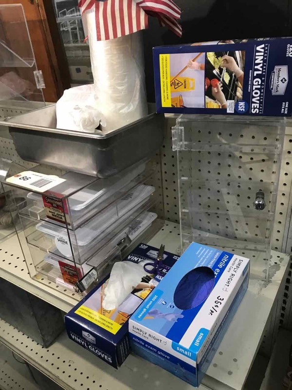 lot 86 image: (2) Plexi Displays, SS Pan, Gloves, Etc.