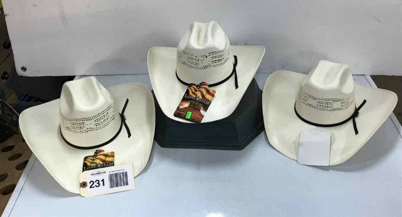lot 231 image: (3) Lonestar Straw Cowboy Hats