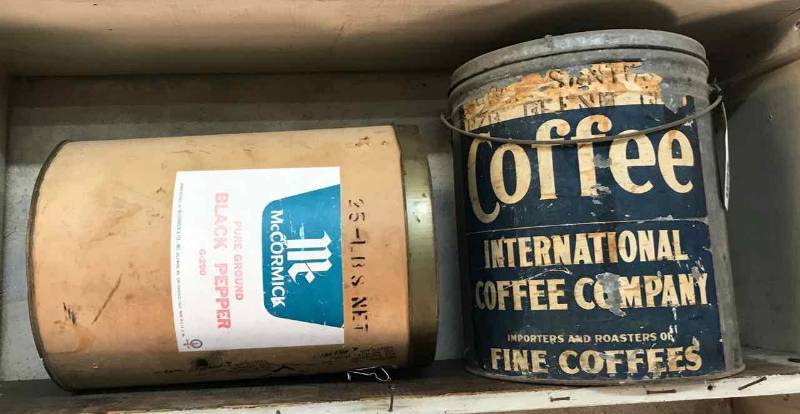 lot 267 image: Galvanized Tin Coffee Can, International & Cardboard Black Pepper Barrel