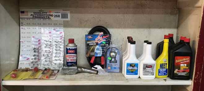 lot 268 image: Diesel Conditioners, Power Steering Fluid, Trans Fluid, Booster Cables, Hitch Ball, Fuses, Etc.