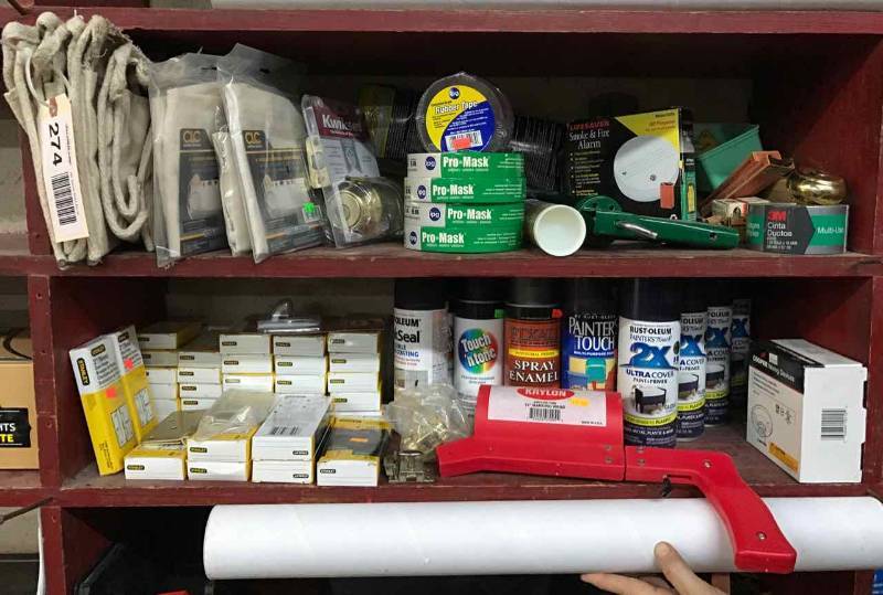 lot 274 image: Canvas Work Aprons, Masking Tape, Rubber Tape, Smoke-Fire Alarm, Hinges, Spray Paints, Etc.