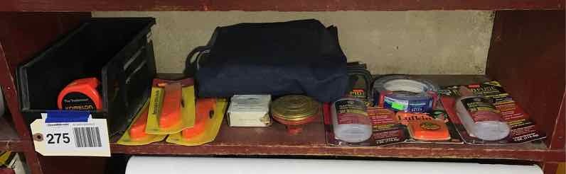 lot 275 image: Wood Glues, Box Cutters, Tape Measures, Water Can Head, Blue Tape, Denim Apron, Etc.
