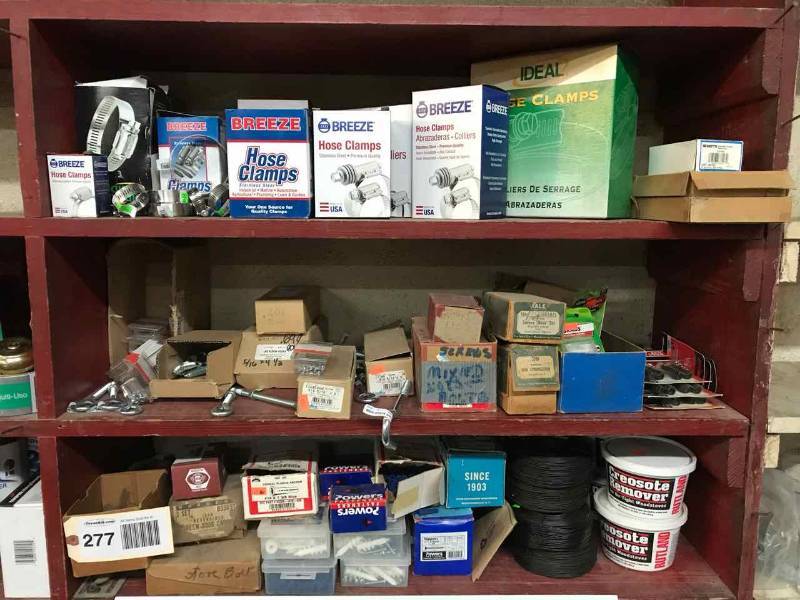 lot 277 image: Hose Clamps, Mixed NutsBoltsScrews, Anchors, Wire, Creosote Remover