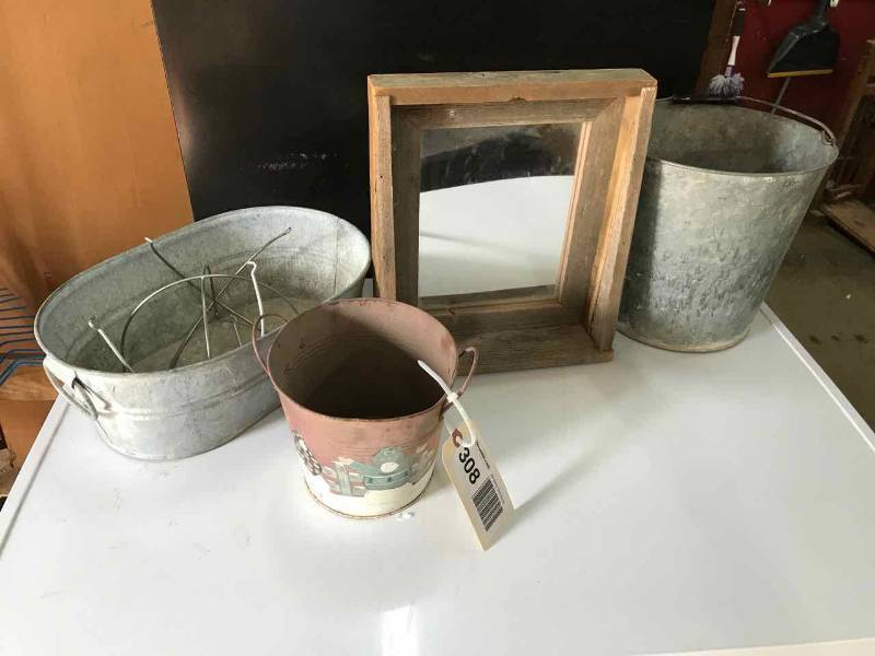 lot 308 image: Galvanized Bucket, Galvanized Tub, Barnwood Mirror