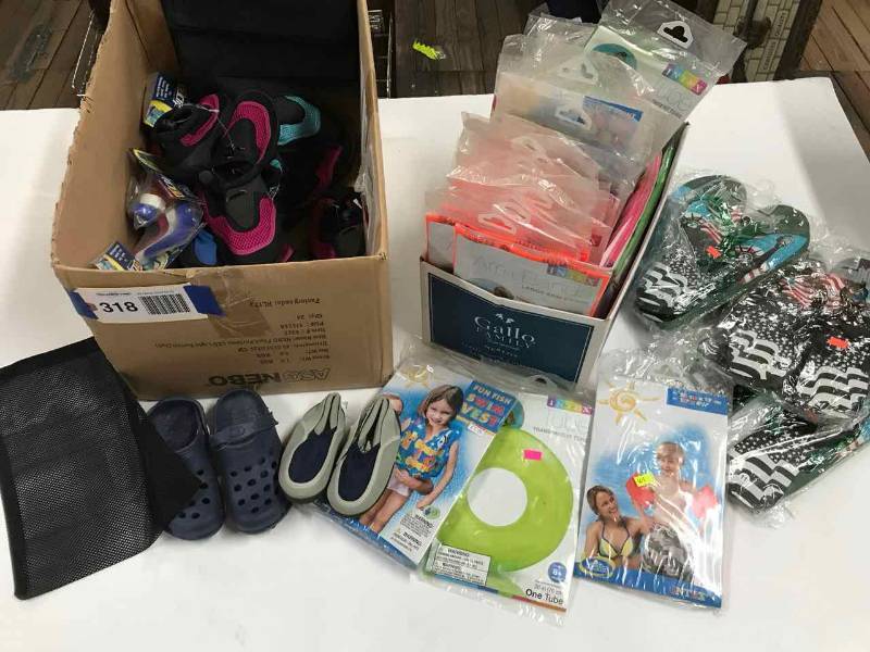 lot 318 image: Summer Fun Childrens Arm Bands, Vests, Tube, Kids Water Shoes, Adult Flip Flops, Sak Bags