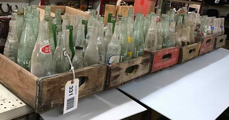 lot 331 image: (6) Wood Soda Crates & Bottles