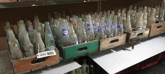 lot 333 image: (7) Wood Soda Crates & Bottles