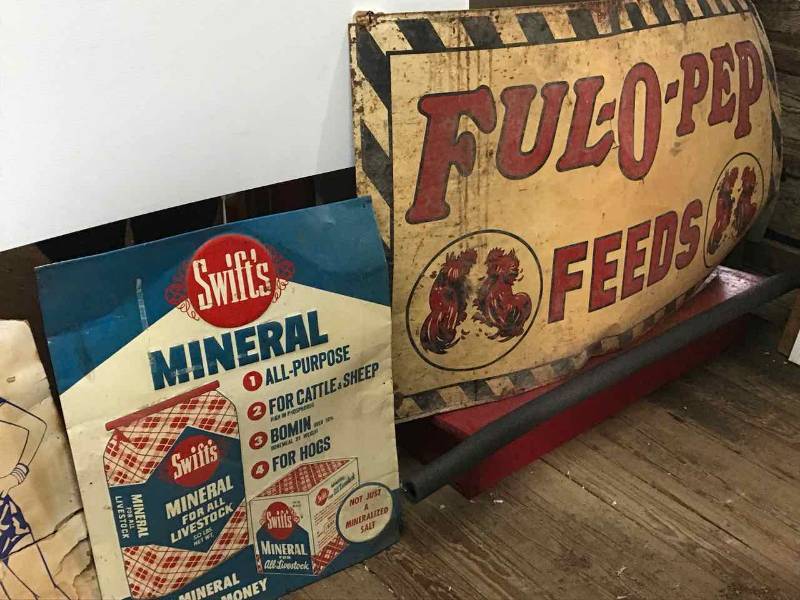 lot 352 image: Ful-O-Pep Feeds Old Metal Sign, Armo Chick Cardboard Sign, Swift Mineral Tin Sign