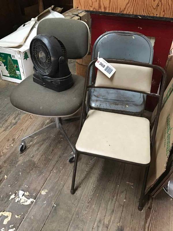 lot 368 image: (2) Folding Chairs, Office Task Chair, Fan