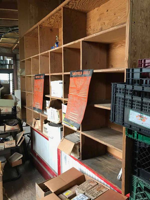lot 374 image: Antique Store Counter (Red & White) & Ply Wood Bins