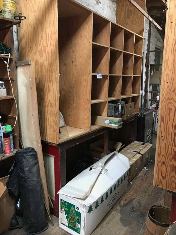 lot 375 image: Antique Store Counter (Red & White) & Ply Wood Bins