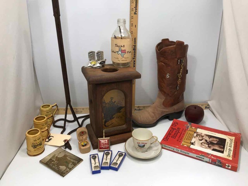 lot 52 image: Texas  Themes Boot Clock, Longhorn Branding Iron, Barbed Wire Dental Floss, Big Bend Cup & Saucer, Etc.