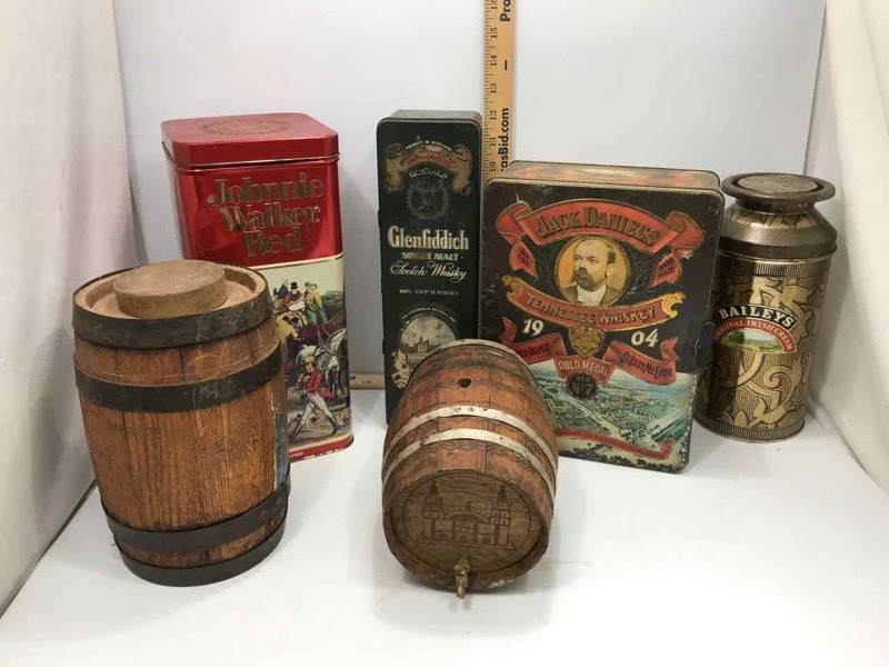 lot 77 image: Liquor Tins, Wood Barrel Decanters