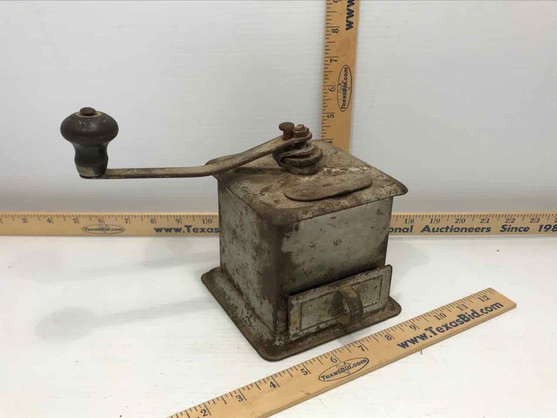lot 85 image: Oma Deikes Antique Coffee Grinder (Tin Box) & Glass Sugar Bowl