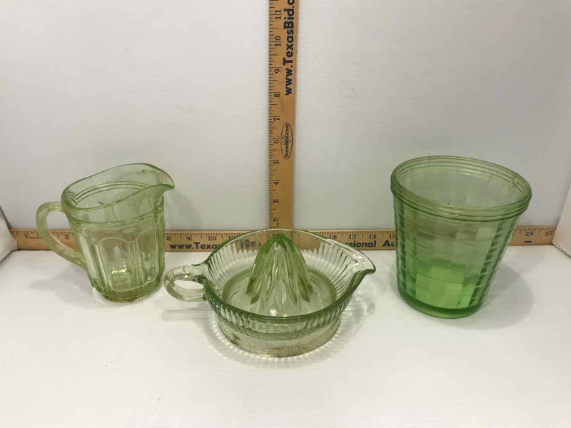 lot 100 image: (3) Vaseline Glass Pitcher, Little Ice Bucket, Juicer