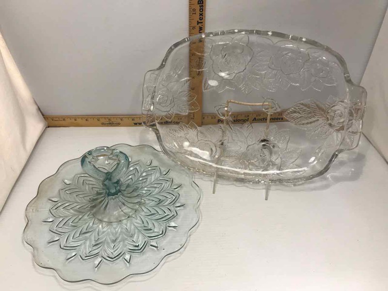 lot 101 image: Greenish Glass Pressed Glass Tid-Bit Tray, a Rose Pressed Glass Platter