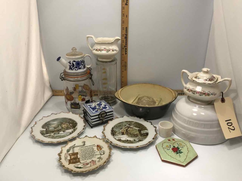 lot 102 image: Creamer & Sugar, Ceramic Bowl, Wall Plates, Canister, Glass Baking Dish, Etc.