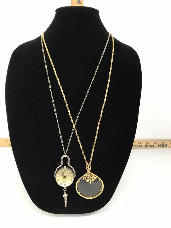 lot 108 image: Globe Shaped Watch Pendant on Chain, Magnifying Glass on Chain