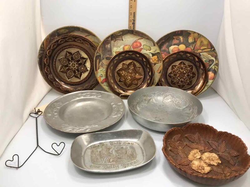 lot 113 image: Mid-Century Pressed Aluminum PlatesBowls, Etched Metal Plates, Decorative Wall Plates