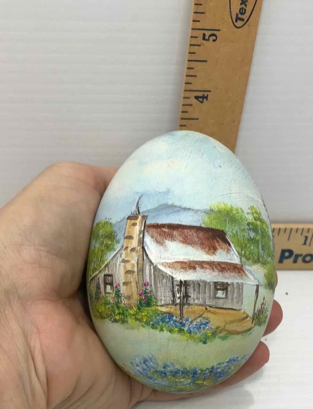 lot 121 image: Hand Painted Bluebonnets, Cabin, Windmill on Eggshell (Rilla)