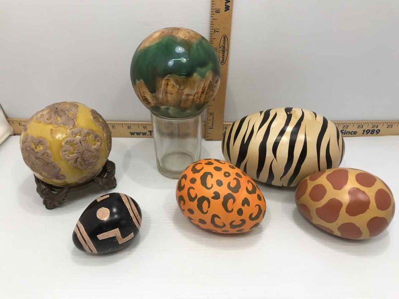 lot 116 image: Animal Print Eggs, (2) Glazed Ceramic Decorative Spheres
