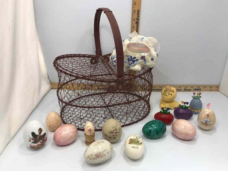 lot 125 image: Ceramic Easter Bunny, Wire Basket, Asst. Eggs