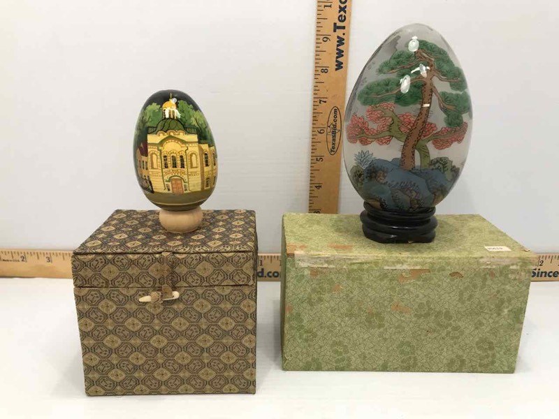 lot 128 image: Reverse Painted Glass Egg with Box and Painted Wood Egg with Box