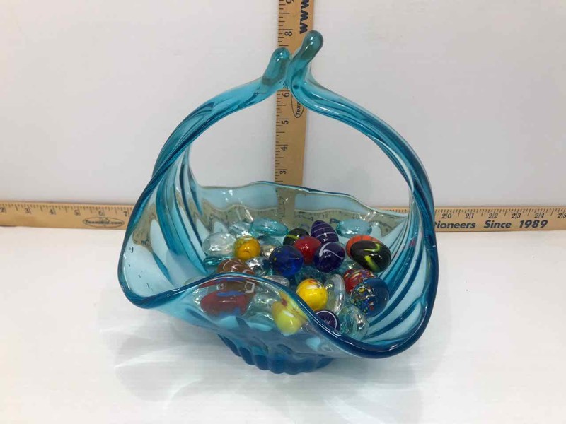 lot 131 image: Blue Glass Basket, Glass Eggs, Vase Gems