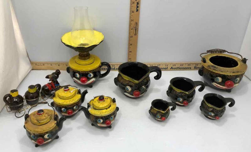 lot 142 image: Mid-Century Hames Hand Painted Japan Set Creamer & Sugar, Salt & Pepper, Oil Lamp, Measuring Cups
