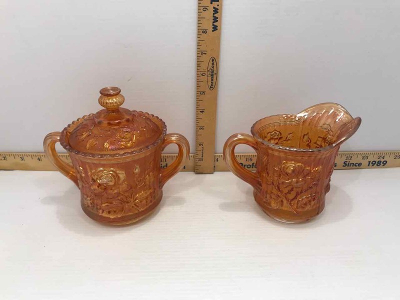 lot 147 image: Marigold Carnival Glass Creamer & Sugar (Roses)