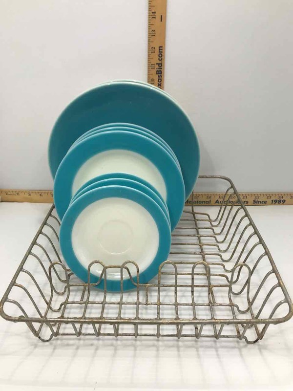 lot 155 image: Mid-Century Bright Blue Pyrex Saucers & Plates, (2) Jackson China Dinner Plates