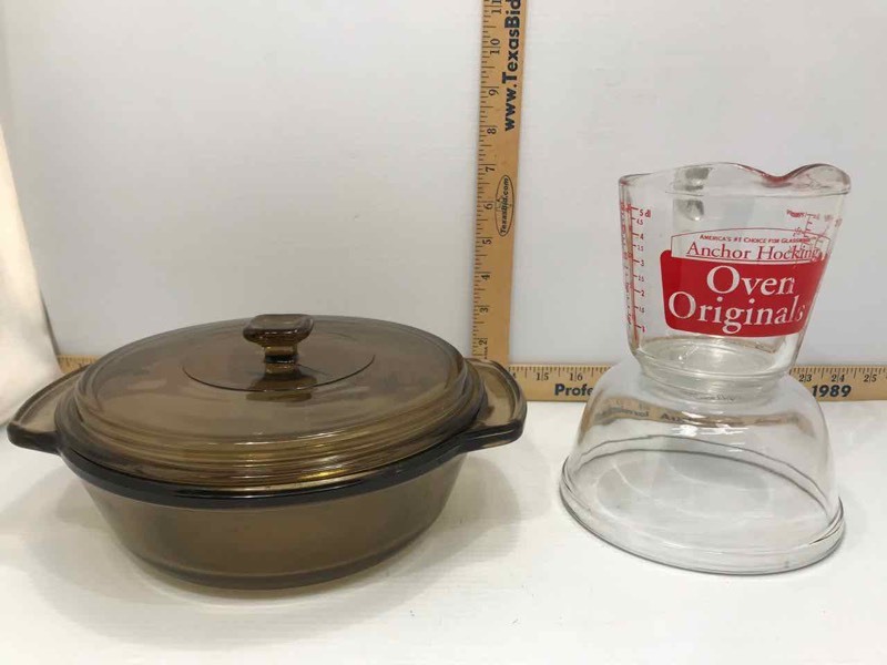 lot 159 image: (3) Anchor Hocking Clear Bowl, Amber Covered Casserole Dish, 2-Cup Measuring Cup