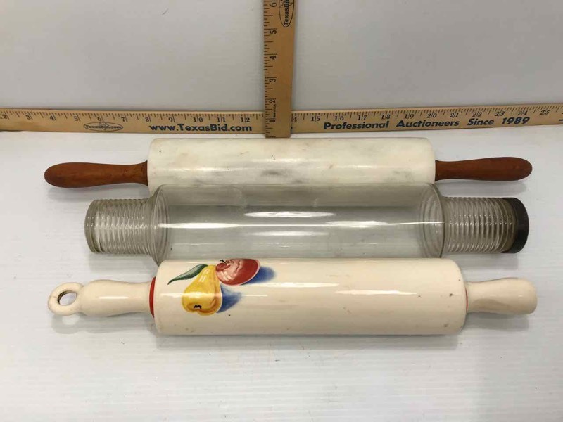 lot 161 image: (3) Rolling Pins 1 Hollow Glass, 1 Hollow Ceramic, 1 Marble