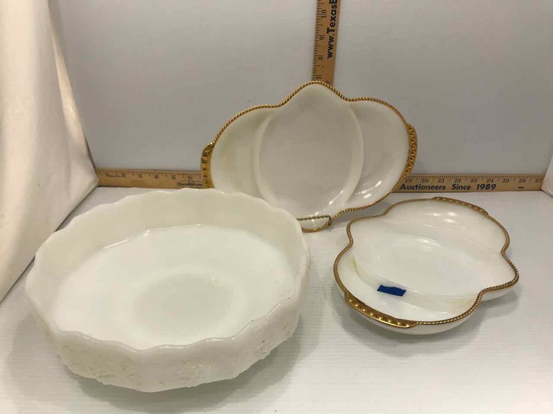 lot 164 image: (3) Mid-Century Fire King Milk Glass 2 Divided Dishes with Gold Edge, 1 Console Bowl wgrape motif
