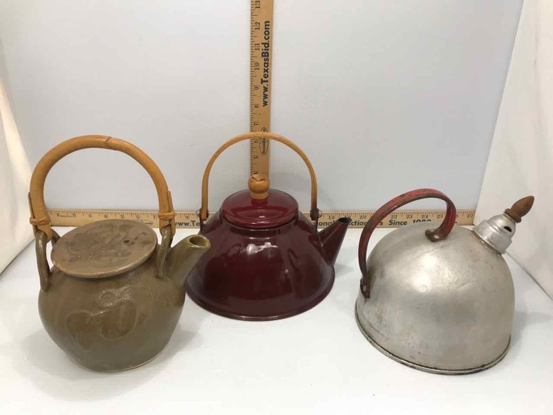 lot 166 image: (3) Tea Pots (enamel, tin, pottery)