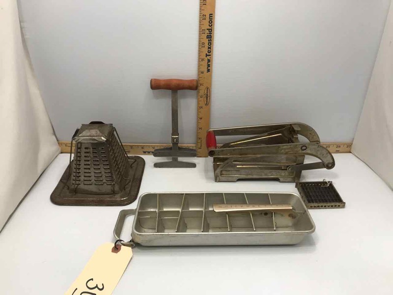 lot 306 image: Antique Toaster, French Fry Chopper, Vintage Ice Tray, Hand Chopper