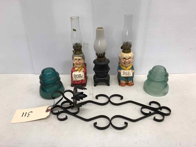 lot 311 image: (3) Small Figural Oil Lamps, (2) Glass Insulators