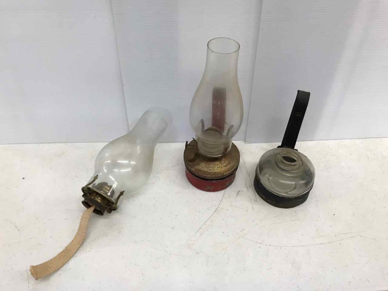 lot 314 image: (2) Oil Lamps in CarriersWall Mounts
