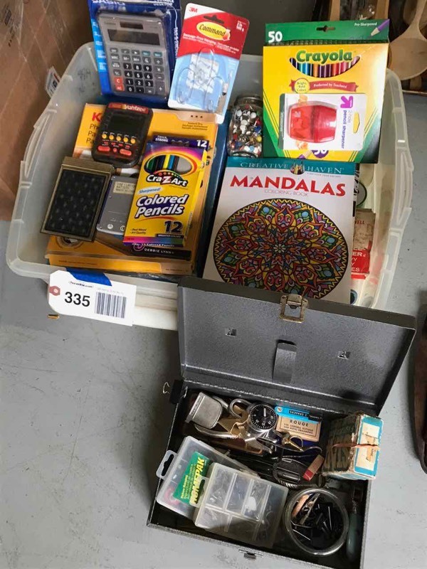 lot 335 image: Metal Box, Calculators, Color Books, Paper, Storage Tub, Combination Lock, Asst. Office Supplies, Etc.