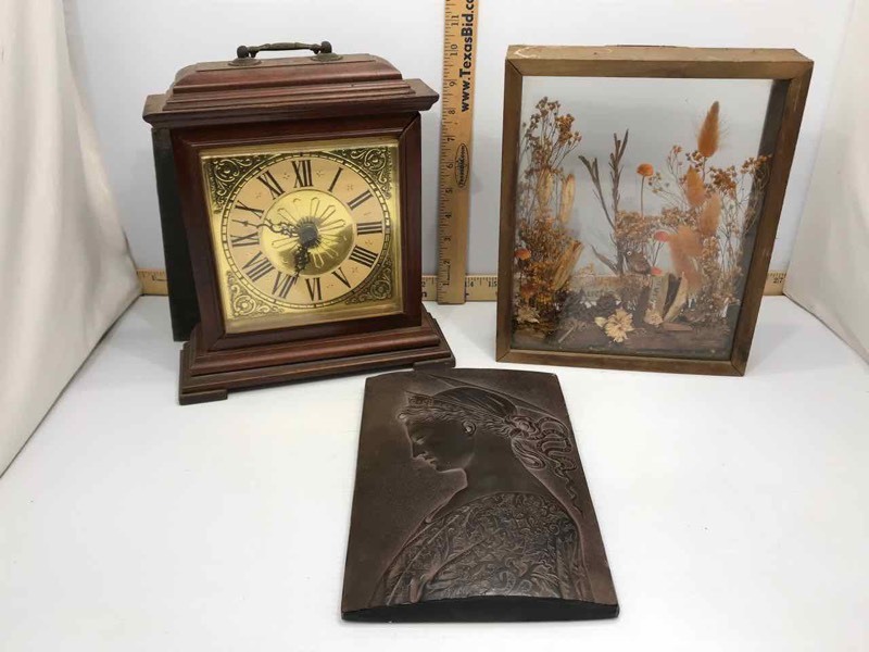 lot 351 image: Electric Clock, Art Deco Style Plaque of Lady, Shadow Box