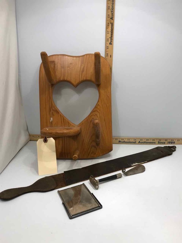 lot 352 image: Leather Strop, Portable Dop Kit Mirror, Old Razor, Wall Mounted Rack