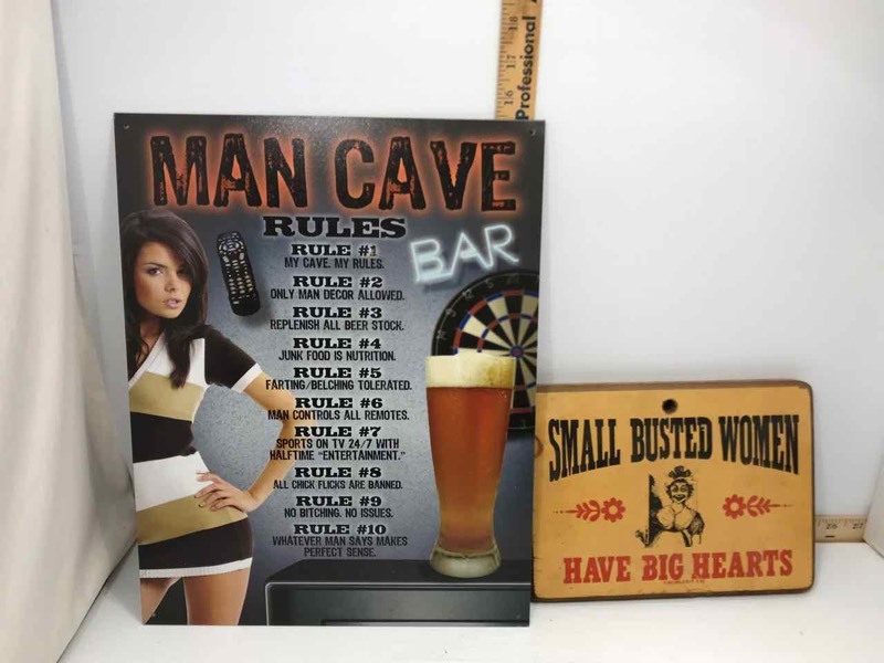 lot 354 image: Tin Sign Man Cave Rules, Sign Small Busted Big Heart